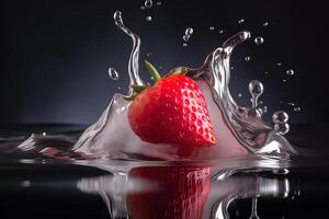 fresh red strawberries isolated on black background in spray and stream of water. ai generated photo