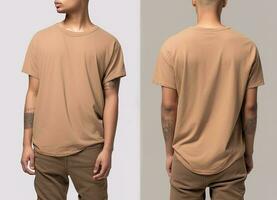 Photo realistic male beige t-shirts with copy space, front, and back view. ai generated