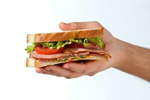 Hand holding tasty sandwich on a white background. ai generated photo