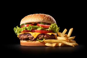 fresh tasty burger and french fries on dark background. ai generated photo