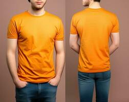 Photo realistic male orange t-shirts with copy space, front, and back view. ai generated