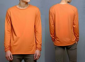 Man wearing a orange T-shirt with long sleeves. Front and back view. ai generated photo
