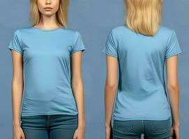 foto realista hembra azul camisetas con Copiar espacio, frente, y espalda vista. ai generado