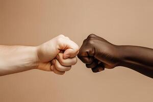 close up of a fist bump isolated on beige background, hands and teamwork, support or collaboration for team building, solidarity or unity, hand connection, partnership or greeting. photo