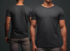 Photo realistic male grey t-shirts with copy space, front, and back view.
