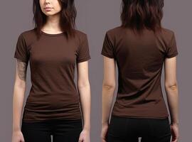 Photo realistic female brown t-shirts with copy space, front, and back view. ai generated