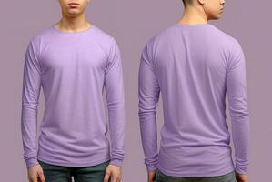 Man wearing a purple T-shirt with long sleeves. Front and back view. ai generated photo