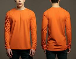 Man wearing a orange T-shirt with long sleeves. Front and back view. ai generated photo