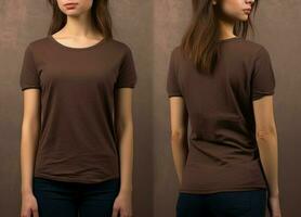 Photo realistic female brown t-shirts with copy space, front, and back view. ai generated