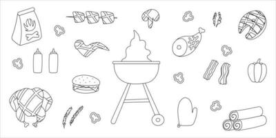 bbq grill party line doodle elements set vector