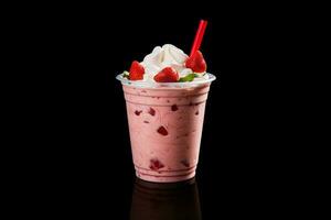 Strawberry milkshake in plastic takeaway cup isolated on black background. ai generated photo