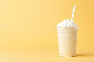 Vanilla milkshake in plastic takeaway cup isolated on pastel background with copy space. ai generated photo