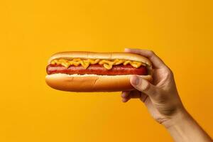 Hand holding tasty hot dog on a yellow background. ai generated photo