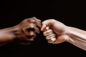 close up of a fist bump isolated on black background, hands and teamwork, support or collaboration for team building, solidarity or unity, hand connection, partnership or greeting. photo