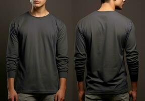 Man wearing a grey T-shirt with long sleeves. Front and back view. ai generated photo