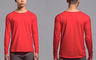 Man wearing a red T-shirt with long sleeves. Front and back view. photo