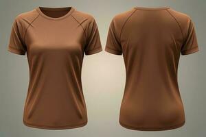 marrón hembra camiseta realista Bosquejo conjunto desde frente y espalda vista, blanco textil impresión diseño modelo para Moda vestir. ai generado foto
