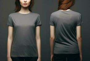 foto realista hembra gris camisetas con Copiar espacio, frente, y espalda vista. ai generado