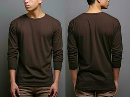 Man wearing a brown T-shirt with long sleeves. Front and back view. ai generated photo