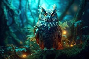 A magical fairy tale forest with an owl. A mythical realm is like something out of a storybook. photo