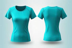 Cyan female t-shirt realistic mockup set from front and back view, blank textile print design template for fashion apparel. photo