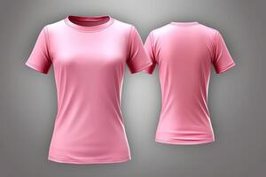 Pink female t-shirt realistic mockup set from front and back view, blank textile print design template for fashion apparel. photo