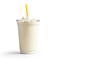 Vanilla milkshake in plastic takeaway cup isolated on white background with copy space. ai generated photo