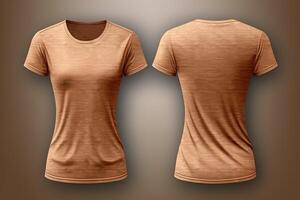 Brown female t-shirt realistic mockup set from front and back view, blank textile print design template for fashion apparel. photo