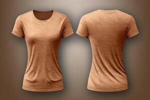 Brown female t-shirt realistic mockup set from front and back view, blank textile print design template for fashion apparel. AI Generated photo