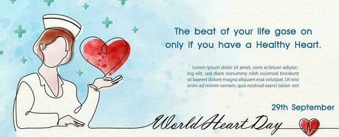 Hand draw and one line style in a nurse and heart shape with watercolors style, wording of world heart day, example texts on blue background. Poster's campaign of World heart day in vector design.