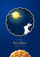 Greeting card and poster of Mid autumn festival in paper cut style with moon cake and white rabbit on blue background. Chinese lettering means Mid Autumn in English. vector