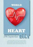 Symbol of heartbeat on 3d red heart and wording of world heart day, example texts on blue paper pattern background. Poster campaign of World Heart day in vector design.