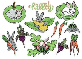 Set of rabbits with fruits and vegetables. Vector illustration drawn with markers