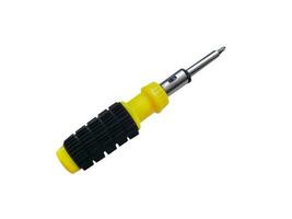 Cross-shaped black and yellow screwdriver on a white background photo