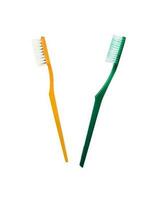 cepillos de dientes con amarillo y verde color en un blanco antecedentes foto