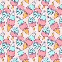 Cute Kawaii Ice Cream Pattern. Vector Seamless Design. Adorable vector seamless pattern featuring kawaii-style ice cream in charming pink and blue colors, ideal for wrapping paper design.