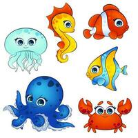 Cute Underwater World Characters. Vector Clip Art Set. Vibrant and friendly set cute and colorful characters of underwater world inhabitants in a cartoon style on an isolated cutout background.