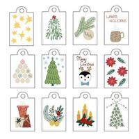 Christmas gifts tag labels set of winter holidays design elements hand drawn in simple cartoon flat style, plant, holly, gift, mistletoe, candle, hot drink, fir tree, decoration, penguin, baubles, mug vector