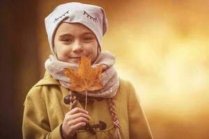Happy little girl with a chestnut leaf photo