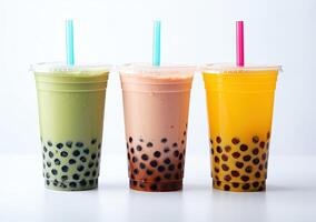 Generative AI illustration of product photo of 3 plastic cups of boba milk tea, with bubbles, fun, solid soft pastel background