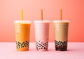 illustration of product photo of 3 plastic cups of boba milk tea, with bubbles, fun, solid soft pastel background