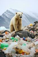 generativo ai ilustración de solitario blanco oso en iceberg, rodeado por basura y el plastico botellas flotante en agua foto