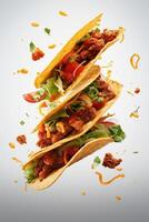 Generative AI illustration of flying tacos for food commercial, blank background photo