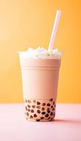 Generative AI illustration of product photo plastic cup of boba milk tea, with bubbles, fun, pastel background