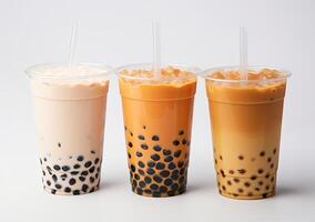 illustration of product photo of 3 plastic cups of boba milk tea, with bubbles, fun, solid soft pastel background
