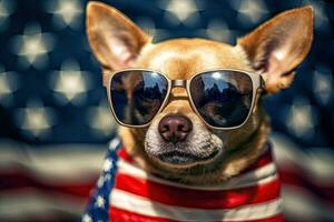 Generative AI illustration of a dog wearing sunglasses and an american flag, happy 4th of July with the United States flag photo