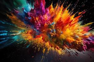 Generative AI illustration of explosions of colors on black background, many colors, dynamic, modern, visual effect photo