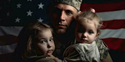 Generative AI illustration of American Male soldier with a little children. Concept National holidays, Flag Day, Veterans Day, Memorial Day, Independence Day, Patriot Day photo