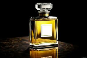 Generative AI illustration of a perfume bottle, expressing sweet romance, show the taste of nobility, class, luxury with yellow and black colors photo