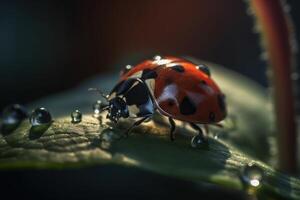 illustration of macro close up photo of a ladybug drinks a drop of water on a leaf, translucence, back lit